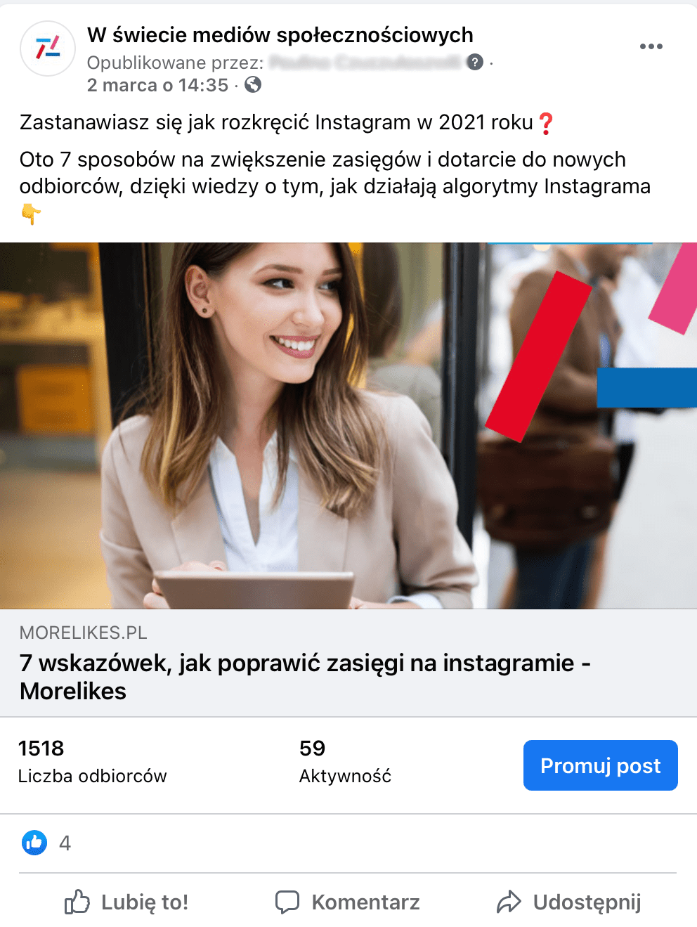 Reklama postu na Facebook